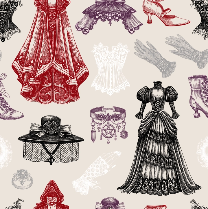 Gothic background. Hand-drawn fashion illustration. Victorian clothes designs. Halloween seamless pattern. Vampire woman vector. NOT AI generated
